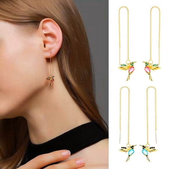 Hummingbird Earrings Bird Chain Dangle Colorful Glam Whimsical Sytlish Trendy - Picture 4 of 7